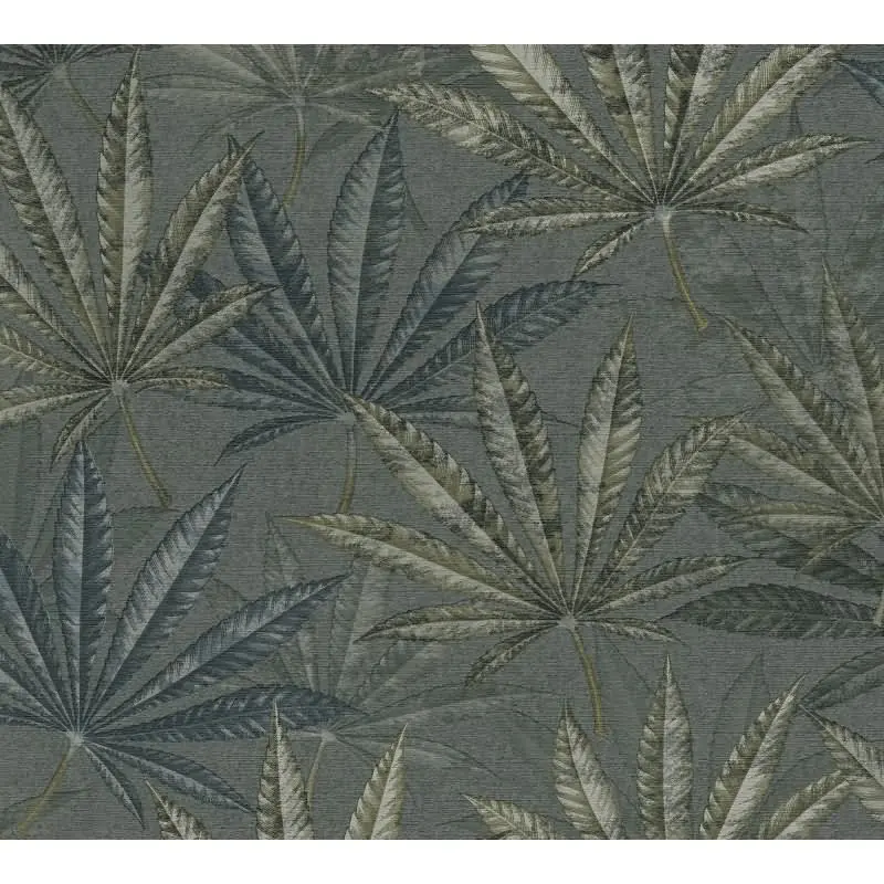 Vliestapete mit großen Blättern in Blau-Grün auf dunklem Hintergrund (KG-175910)