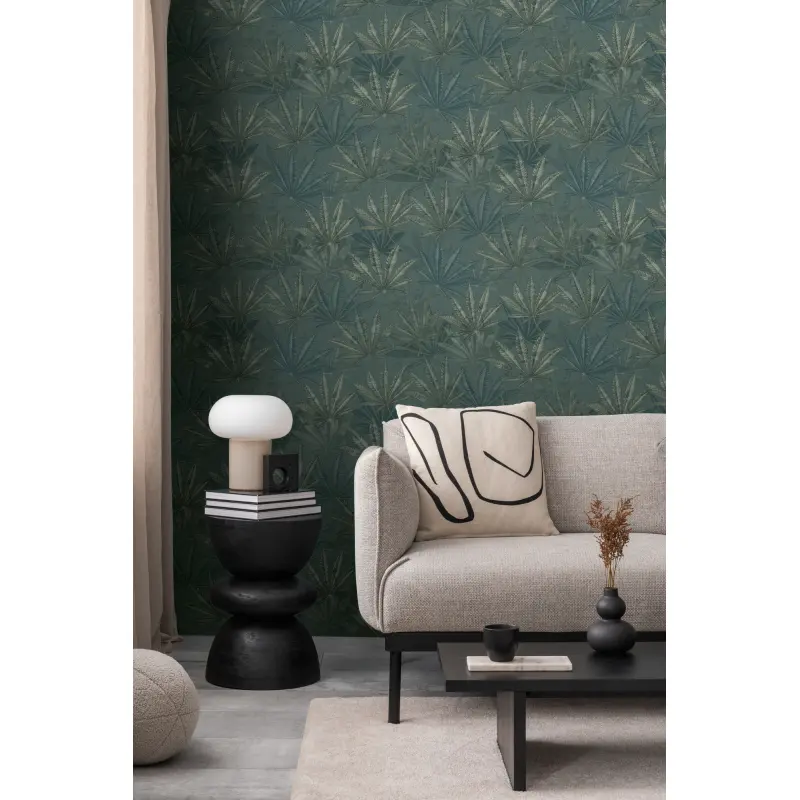 Vliestapete mit großen Blättern in Blau-Grün auf dunklem Hintergrund (KG-175910)