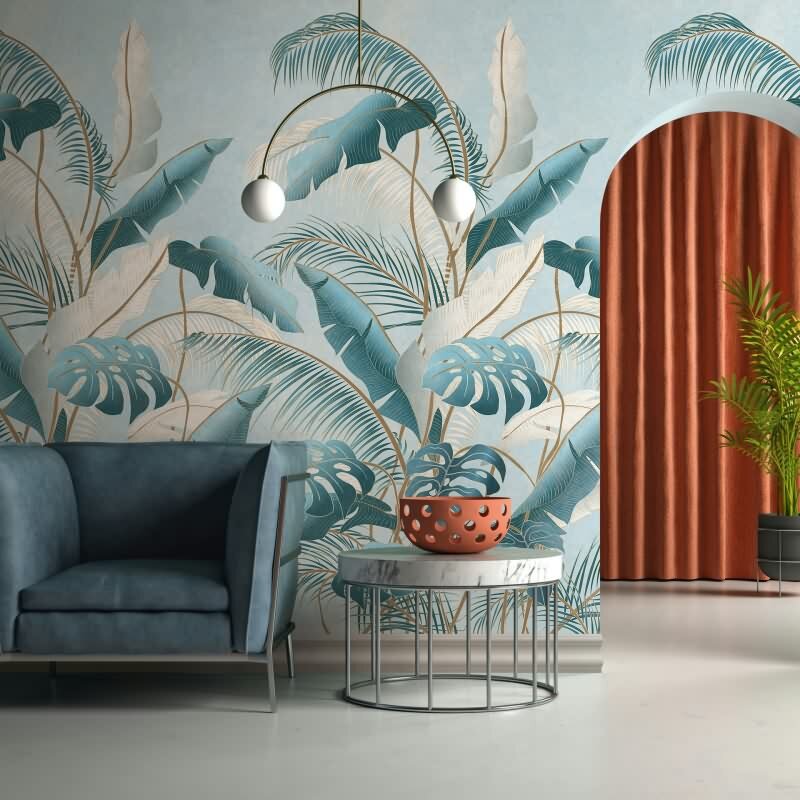 Fototapete Blumen, Blätter Floral Vliestapete Natur, Dschungel matt in Blau für Wohnzimmer, Schlafzimmer, Büro (KG-175949)