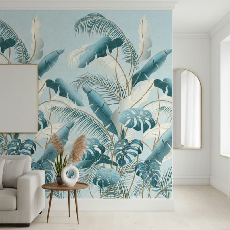 Fototapete Blumen, Blätter Floral Vliestapete Natur, Dschungel matt in Blau für Wohnzimmer, Schlafzimmer, Büro (KG-175949)