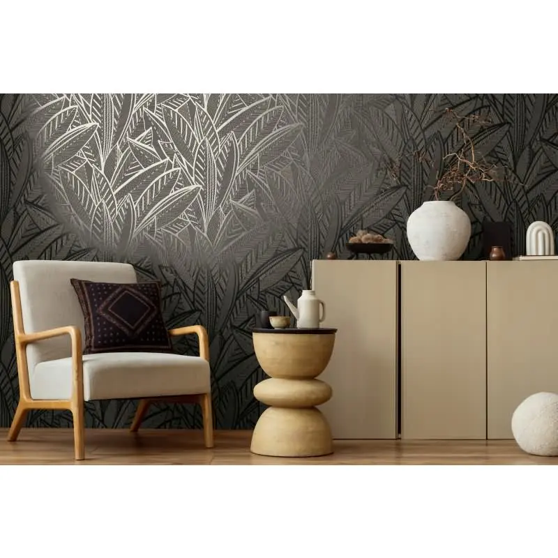 Vliestapete Blätter Schwarz Grau - Floral & Glänzend AS Creation (KG-176073)