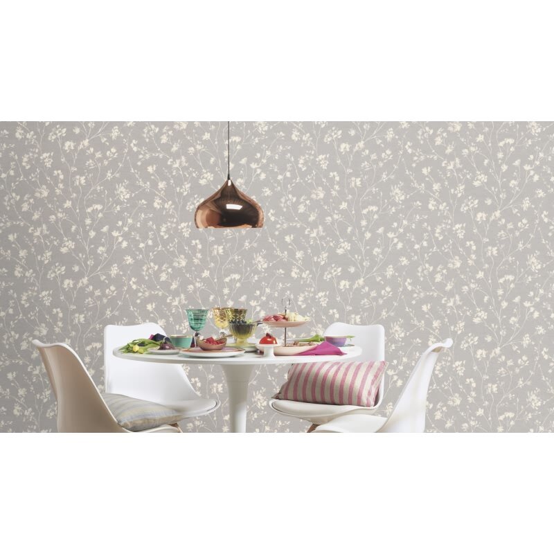 Vliestapete Grau Blätter-Zweige Landhausstil Rasch Country Charme (KG-176242)