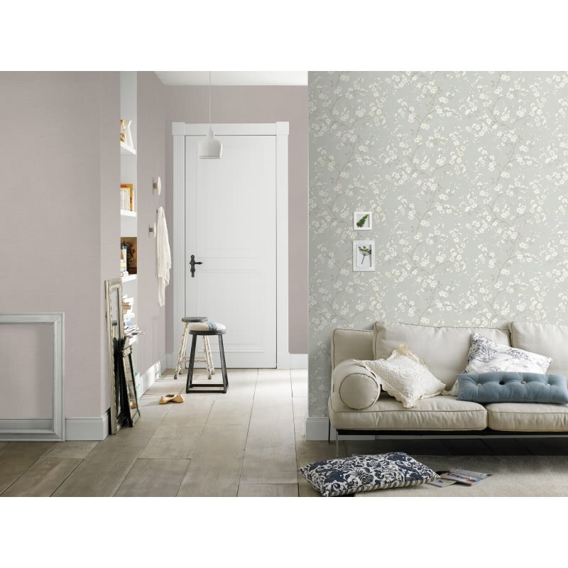 Vliestapete Grau Blätter-Zweige rustikales Flair Rasch Blumen Country Charme (KG-176258)