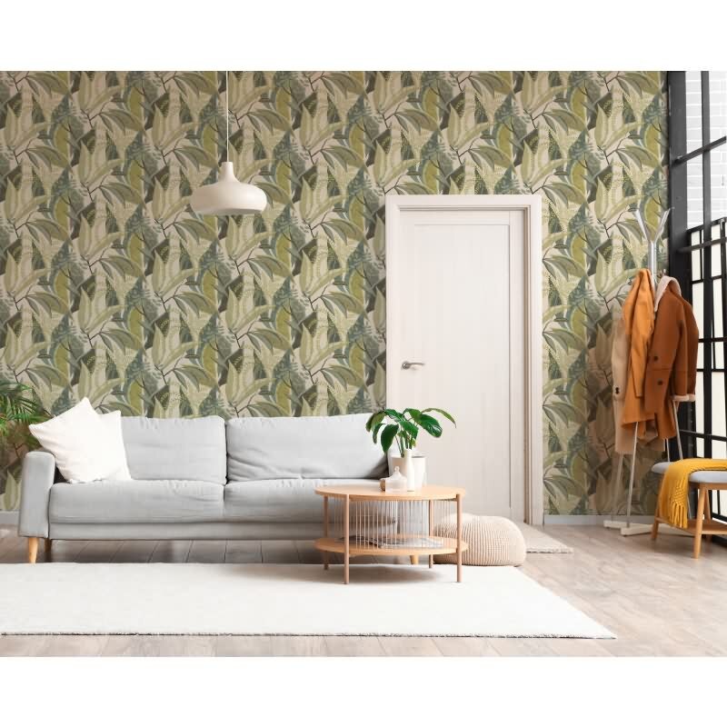 Premium Vliestapete Blätter & Zweige Grün mit Beige - Pintwalls III (KG-176973)