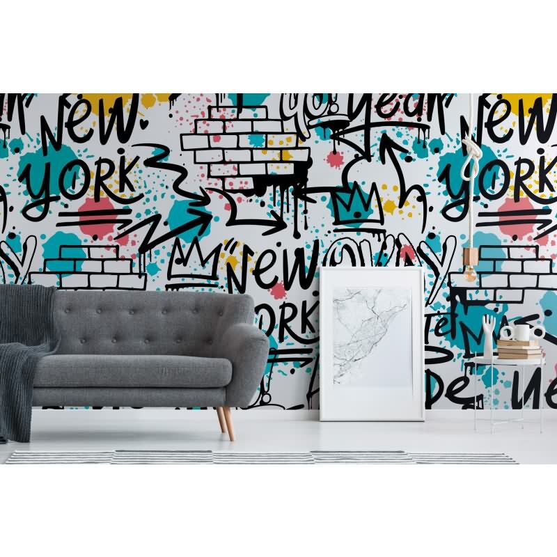 Stilvolle Text & Buchstaben-Tapete Blau mit Bunt aus WALL LOVE (KG-177021)