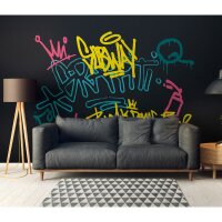 Hochwertige Vliestapete Text &amp; Buchstaben Blau &amp;...