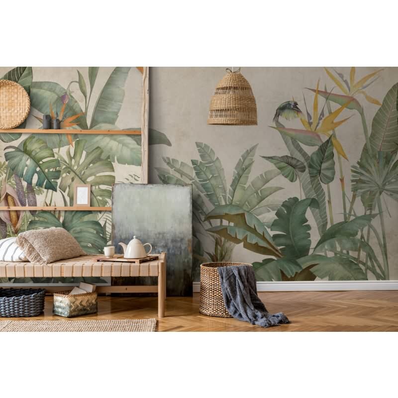 Premium Vliestapete Blätter & Zweige Beige mit Grün - WALL LOVE (KG-177027)