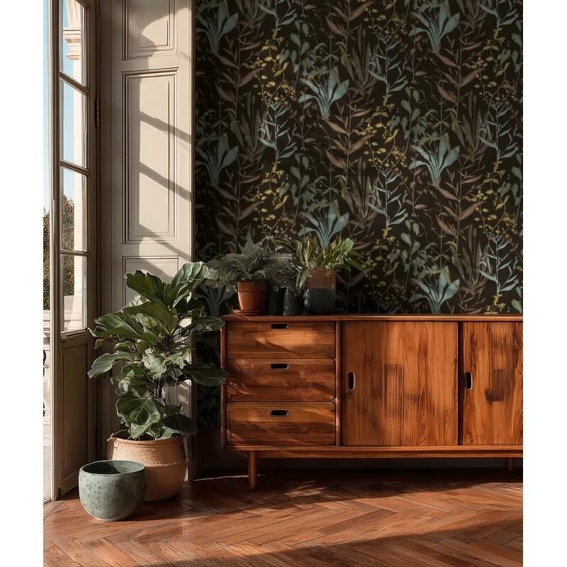Botanical & Dschungel Vliestapete in Schwarz & Grün - Vibes & Styles von livingwalls (KG-177095)