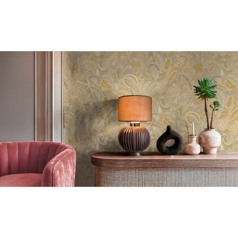 Stilvolle Blätter & Zweige-Tapete Beige mit Grün aus Cuba II (KG-177168)