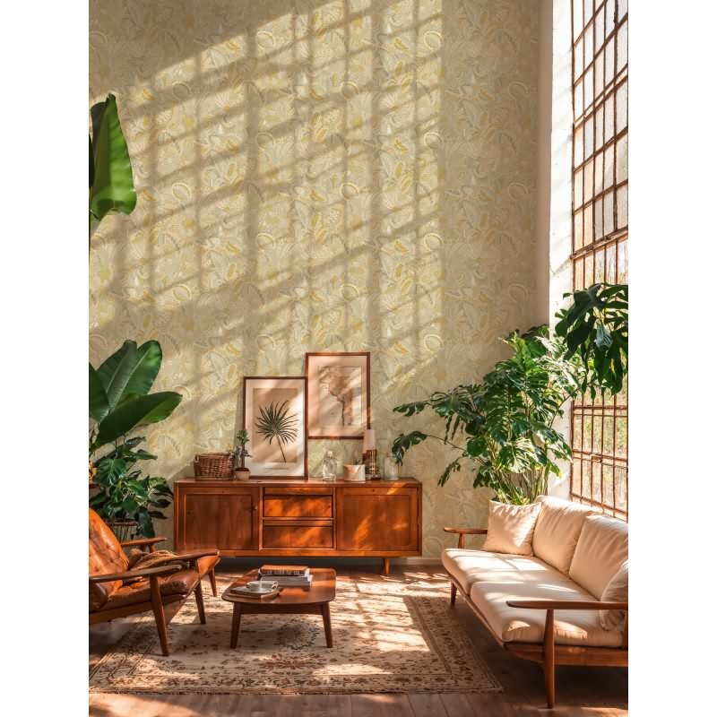 Stilvolle Blätter & Zweige-Tapete Beige mit Grün aus Cuba II (KG-177168)