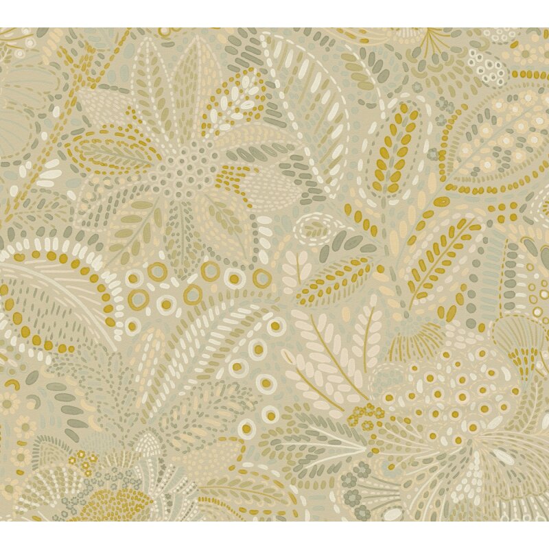 Stilvolle Blätter & Zweige-Tapete Beige mit Grün aus Cuba II (KG-177168)