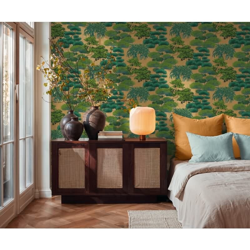 Hochwertige Vliestapete Bäume & Wald Gold & Grün - Cuba II (KG-177176)