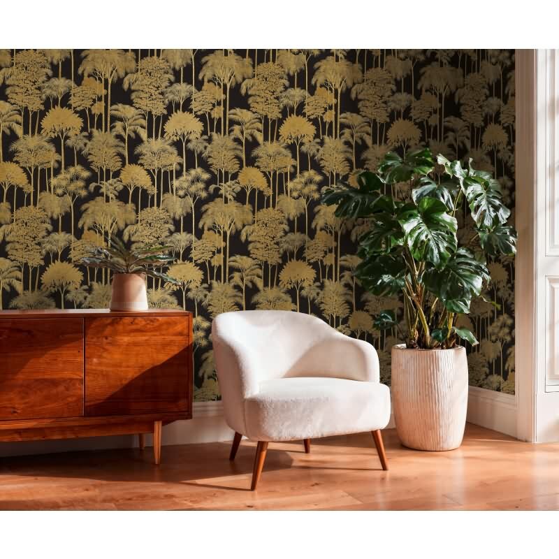 Hochwertige Vliestapete Bäume & Wald Schwarz & Gold - Cuba II (KG-177181)