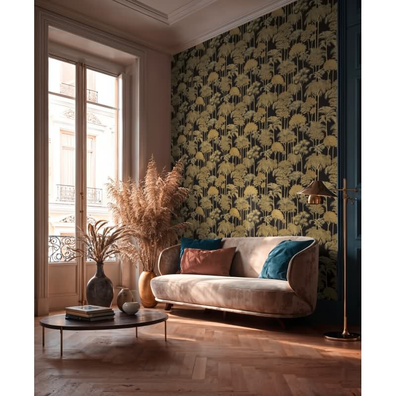 Hochwertige Vliestapete Bäume & Wald Schwarz & Gold - Cuba II (KG-177181)
