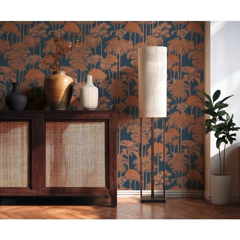 Stilvolle Bäume & Wald-Tapete Blau mit Braun aus Cuba II (KG-177182)