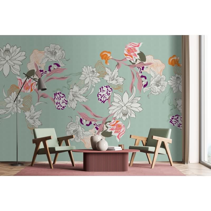 Botany 1 Designerwerkstatt - Grün & Weiß, Orangeiger blumen / floral-Motiv auf hochwertiger Vliestapete (KG-177204)