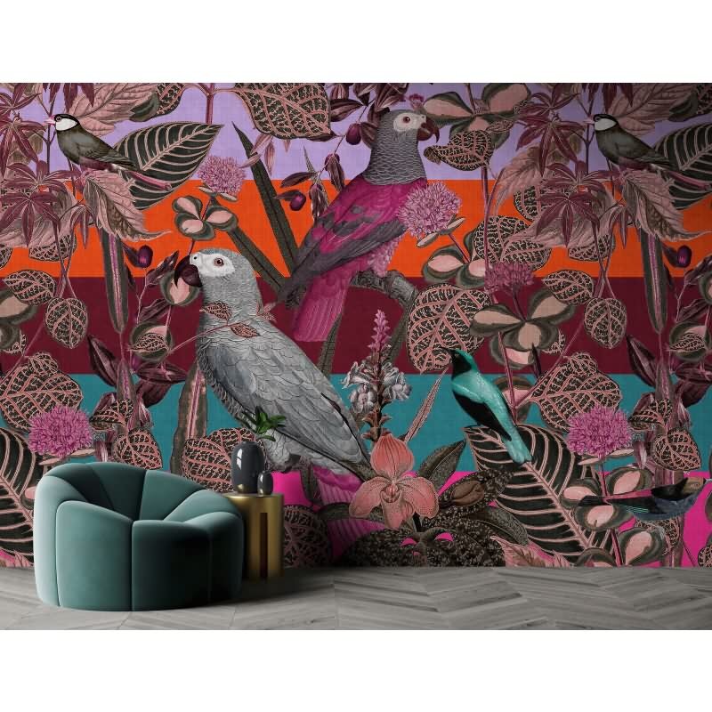 Amazona 1 Designerwerkstatt - Bunt & Rot, Bordeaux, Lilaiger tiere-Motiv auf hochwertiger Vliestapete (KG-177321)