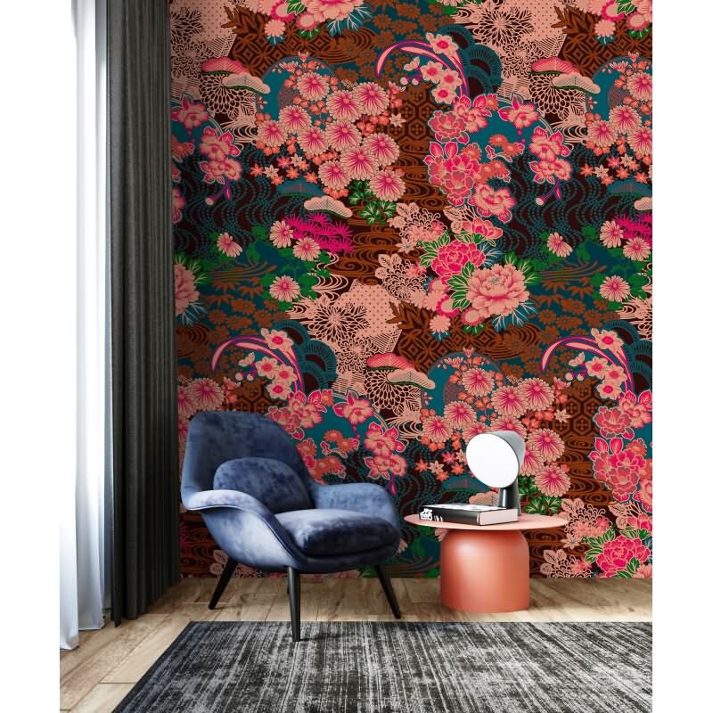 Kimo 1 - Bunt & Pink, Blauiger Digitaldruck-Vliestapete aus der Walls by Patel 4 Kollektion (KG-177323)